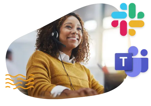Photo of a smiling person with Slack and Microsoft Teams icons